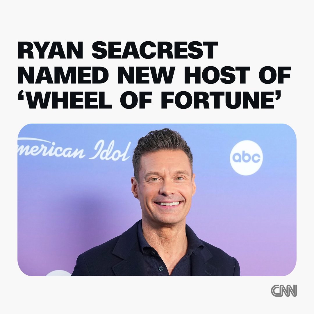 cnnbrk's tweet photo. Ryan Seacrest has been named as the new host of "Wheel of Fortune." He will succeed Pat Sajak, who is stepping down after 41 seasons on the show.
https://t.co/tTJEIf2Wo2 https://t.co/Vd12w93MQ9