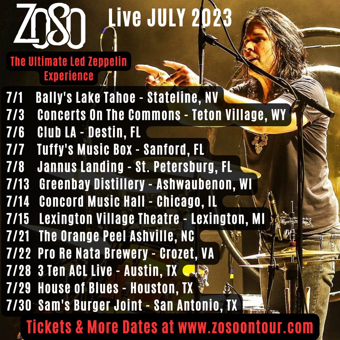 ZoSo (@zosoontour) on Twitter photo Have you seen Bevan Davies play John Bonham's Moby Dick yet? Here is your chance in July. Two hours of #LedZeppelin <a href="/Ballyslaketahoe/">Bally's Lake Tahoe</a> <a href="/jhski/">Jackson Hole</a> <a href="/RockDestin/">Rock Destin</a> <a href="/JannusLive/">Jannus Live</a> <a href="/GBDistillery/">Green Bay Distillery</a> <a href="/ConcordHall/">Concord Music Hall</a> <a href="/LexVillageThtre/">Lex Village Theatre</a> <a href="/3TENaustin/">3TEN ACL Live</a> <a href="/HOBHouston/">House of Blues Houston</a> <a href="/SamsBurgerJoint/">Sam's Burger Joint</a> @tuffysmusicbox <a href="/ThePeel/">The Orange Peel</a> Have you seen Bevan Davies play John Bonham's Moby Dick yet? Here is your chance in July. Two hours of #LedZeppelin <a href="/Ballyslaketahoe/">Bally's Lake Tahoe</a> <a href="/jhski/">Jackson Hole</a> <a href="/RockDestin/">Rock Destin</a> <a href="/JannusLive/">Jannus Live</a> <a href="/GBDistillery/">Green Bay Distillery</a> <a href="/ConcordHall/">Concord Music Hall</a> <a href="/LexVillageThtre/">Lex Village Theatre</a> <a href="/3TENaustin/">3TEN ACL Live</a> <a href="/HOBHouston/">House of Blues Houston</a> <a href="/SamsBurgerJoint/">Sam's Burger Joint</a> @tuffysmusicbox <a href="/ThePeel/">The Orange Peel</a>