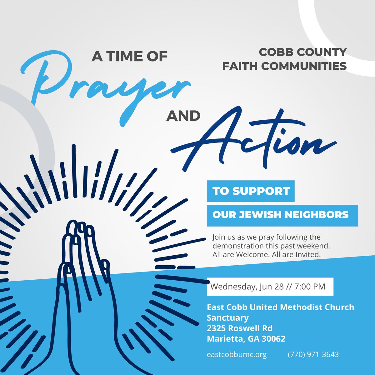 Please join the Cobb County Faith Communities tomorrow at 7pm to pray, learn how to combat hate and support your Jewish neighbors! #gapol #HB30