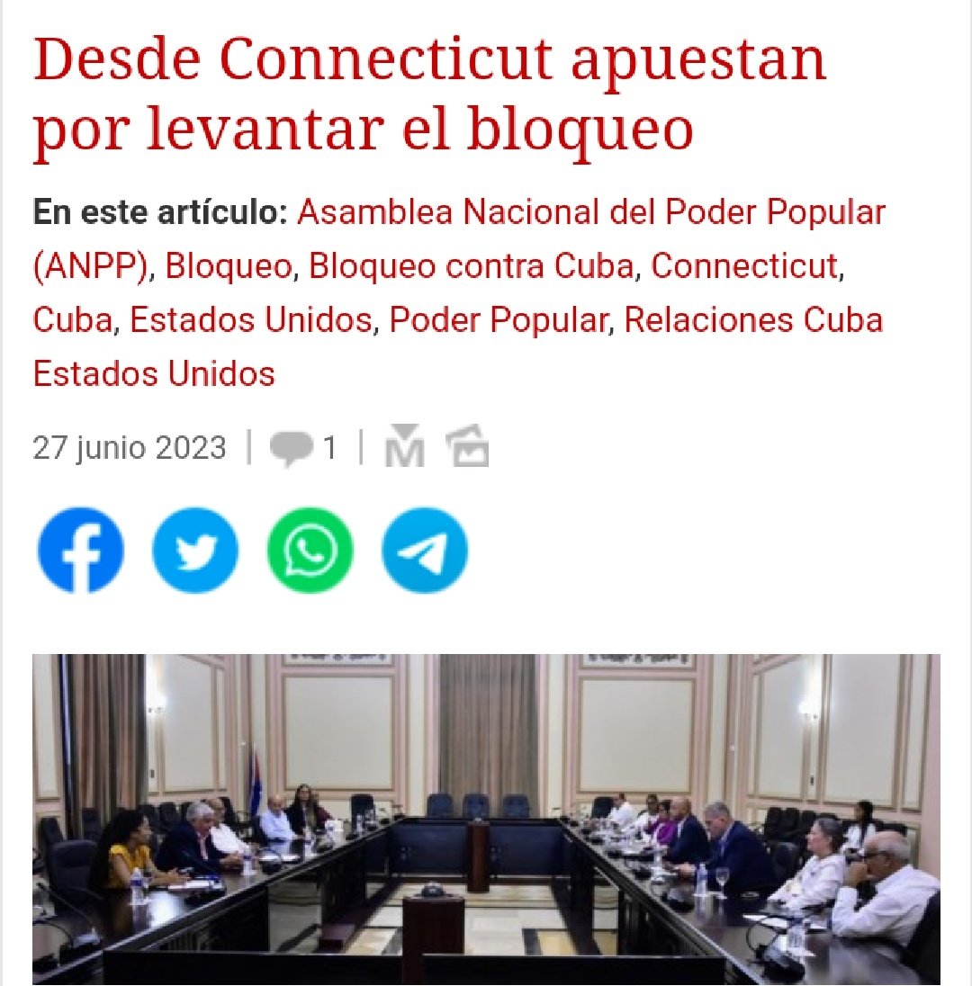 Legisladores estaduales de #Connecticut, se reúnen con directivos de la <a href="/AsambleaCuba/">Asamblea Nacional Cuba</a> a quienes aseguraron qué trabajan para que a corto o largo plazo el gobierno de #EEUU elimine el #BloqueoEconómico a #Cuba.

#MejorSinBloqueo
