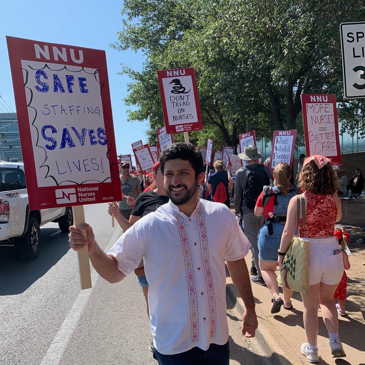 GregCasar's tweet photo. History in the making on the picket line! ✊🏽

Nurses at Austin’s Ascension-Seton just went on strike to win safe staffing levels in the hospital. Patients > Profits, always! 
#UnionStrong @NationalNurses https://t.co/NgjdlwROnb