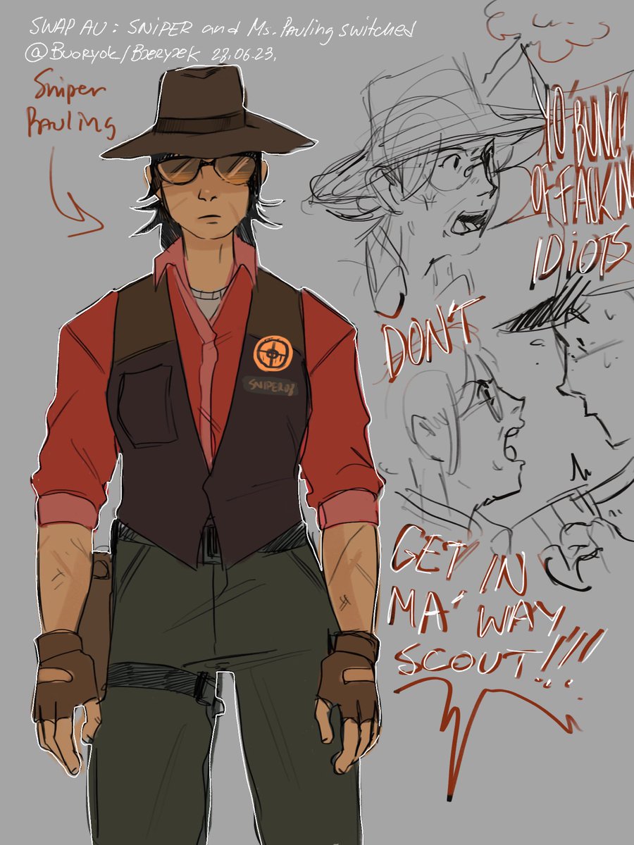 MarkPawlov's tweet photo. Swap AU or Universe, where scouts gonna die even faster (because they’re both became even HOTTER)

#teamfortress2 #misspauling #tf2sniper #sniperscout (implied) (but paulingscout can be implied if you wish)
#swapau #fanart #concept #au https://t.co/Z44DqQ9YN4