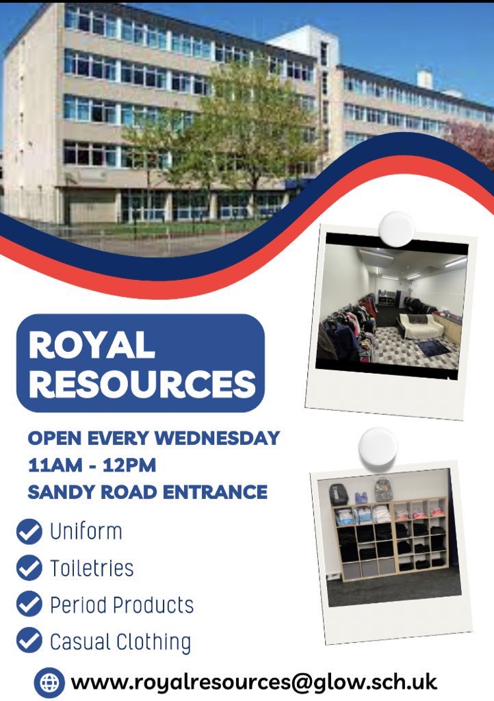Reminder that Royal Resources is open tomorrow from 11am until 12pm. Please come in and take what you need. Donations of preloved uniform welcome! <a href="/IrvineRoyalAcad/">Irvine Royal Academy</a>