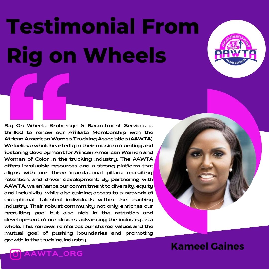 As we continue to strive to provide solutions to the transportation industry, we are proud to announce our partnership with @rigonwheels, which is founded by Kameel Gaines, one of our affiliates.

#aawta #Sisterhood #WomenInTrucking #RigOnWheels #AffiliateTestimony
