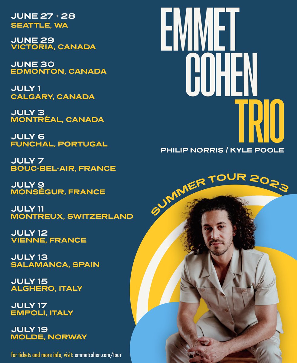 EmmetCohen's tweet image. The trio is back on the road! We’ll be playing tonight and tomorrow at @jazzalley in Seattle and then we are off to Canada and Europe. Hope to see some friends there— more info at emmetcohen.com/tour

📸: @gabrielafotoo