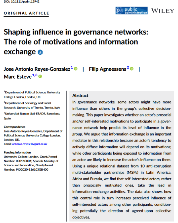 PA Journal (@journal_pa) on Twitter photo “Shaping Influence in Governance Networks: The Role Of Motivations and Information Exchange” by <a href="/antonio_reyes88/">Antonio Reyes</a>, Filip Agneessens, & <a href="/Esteve_Marc/">Marc Esteve</a> explores how self-interested actors lead information-exchange activities and their network influence.
doi.org/10.1111/padm.1… “Shaping Influence in Governance Networks: The Role Of Motivations and Information Exchange” by <a href="/antonio_reyes88/">Antonio Reyes</a>, Filip Agneessens, & <a href="/Esteve_Marc/">Marc Esteve</a> explores how self-interested actors lead information-exchange activities and their network influence.
doi.org/10.1111/padm.1…
