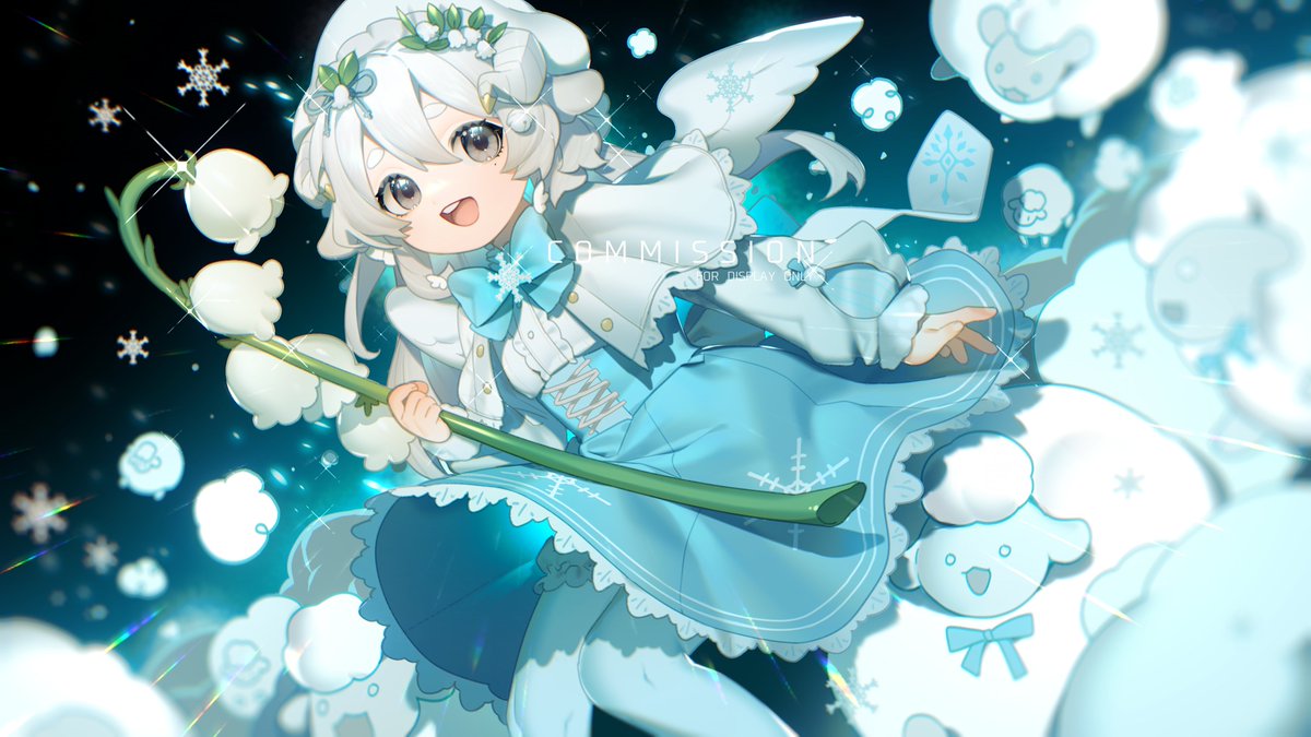 1girl white hair wings smile flower bow open mouth  illustration images