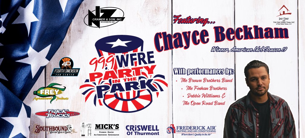 WFRE (@wfre) on Twitter photo We've got your July 4th plans right here: join us in welcoming American Idol season 19 winner <a href="/ChayceBeckham/">Chayce Beckham</a> to the N.Z. Cramer & Son Party in the Park stage for a FREE CONCERT!
Opening acts start at 1pm at Baker Park in downtown Frederick! We've got your July 4th plans right here: join us in welcoming American Idol season 19 winner <a href="/ChayceBeckham/">Chayce Beckham</a> to the N.Z. Cramer & Son Party in the Park stage for a FREE CONCERT!
Opening acts start at 1pm at Baker Park in downtown Frederick!