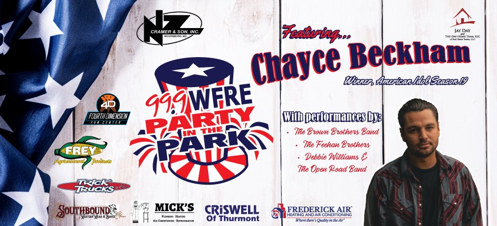 We've got your July 4th plans right here: join us in welcoming American Idol season 19 winner @ChayceBeckham to the N.Z. Cramer & Son Party in the Park stage for a FREE CONCERT! Opening acts start at 1pm at Baker Park in downtown Frederick!