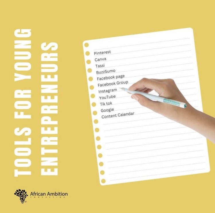 africanambition's tweet image. Tools for young entrepreneurs

Pinterest
Canva
Tassi
BuzzSumo
Facebook page
Facebook Group
Instagram
YouTube
Tik tok 
Google 
Content Calendar

#careeradvice #toolsforentrepreneurs #advice #africanambition #tips #pinterest #instagram #canva #google #facebook