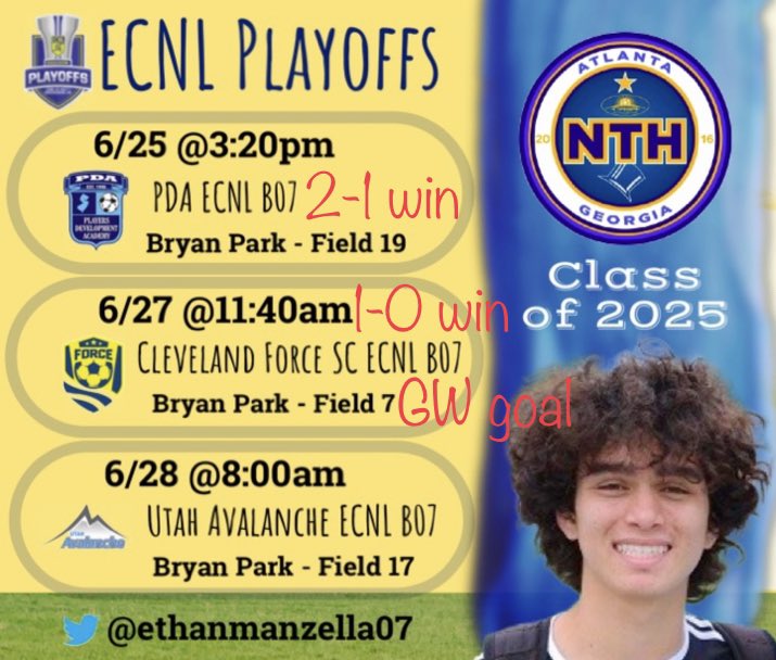 ethanmanzella07's tweet photo. Game 2 #ECNLPlayoffs:  1-0 win over Cleveland Force. I started at CM and scored the game winner. Ankle injury so had to sit second half.

Next: 6/28 8am: NTH-NASA vs. Utah Avalanche #17

Ethan Manzella, Midfield (2025)
Video: https://t.co/pjoGFkV1ty
Email: ethanmanzella@gmail.com https://t.co/MmbrxFGj2W