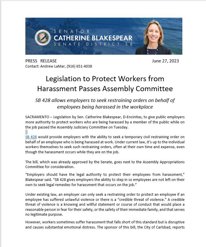 SenBlakespear's tweet photo. Happy to report my #SB428 to give public employers more authority to protect workers who are being harassed just passed the Assembly Judiciary Committee. @carlsbadcagov @CASenateDems @CSAC_Counties @CalCities https://t.co/vxkI2Ag5vQ
