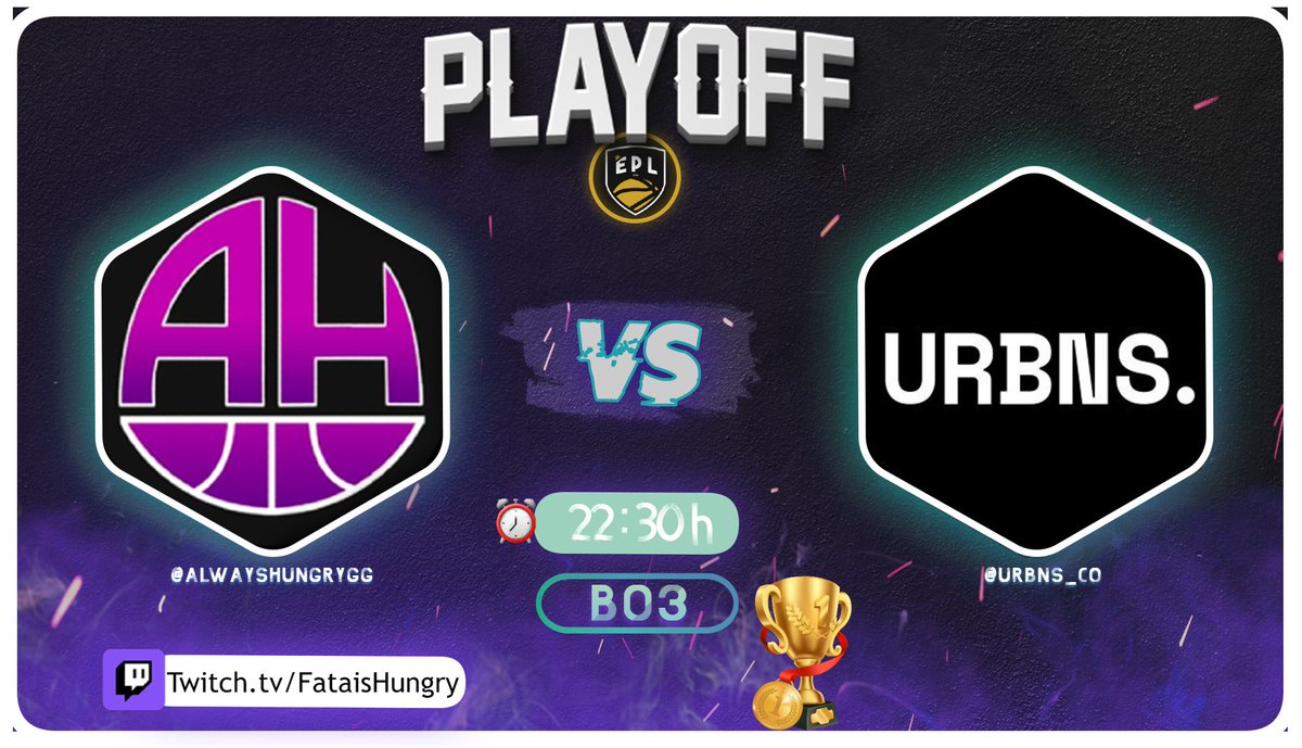 #NBA2K23🏀|GAMEDAY

PLAYOFFS🏆<a href="/EPLorg/">European Pro-Am League</a>
Cuartos de final, Here we come! 🔥

⏰ 22:30
🆚<a href="/urbns_co/">URBNS</a>

PG |@Danieljd8_2k
SG |<a href="/xxGUSI/">❌️</a> 
SF  |<a href="/eeriik88/">EERIIK88</a> 
PF  |<a href="/Carlos_Zent/">ϾΛRLᏫᏚ ZΞПT</a>
 C   |<a href="/lJava72l/">Java</a> 

             👇🏽     👇🏽
📺Twitch.tv/FataisHungry
--------------------
#WeAreHungry😈