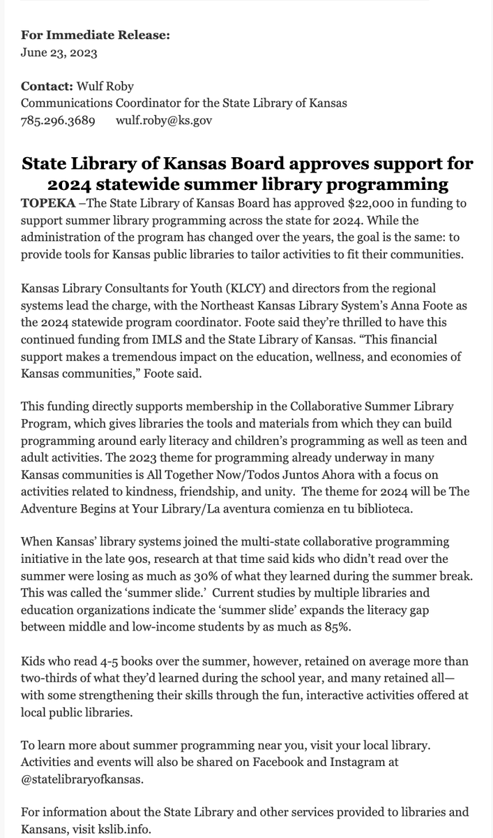 Kids who read 4-5 books over the summer, however, retained on average more than 2/3 of what they’d learned during the school year, & many retained all—with some strengthening their skills through the fun, interactive activities offered by public libraries.
#ksleg #ksed 🍎🌻🍎