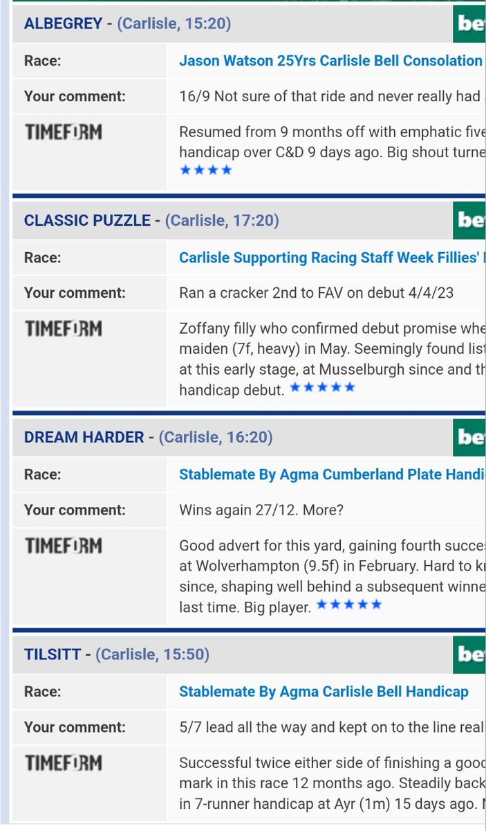 HowFarTips's tweet image. Small EW Yankee with the 4 tracker horses  tomorrow. All have a squeak. Tilsitt has been coming back to form and has an EW chance. Albegrey confirmed last seasons promise first time out while Drean Harder made the RF for us last time. Classic Puzzle can go well on Hcap debut A💥