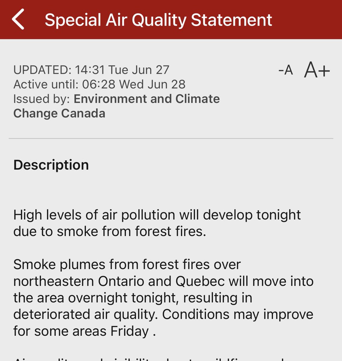 Toronto is currently under a heavy rainfall warning, a tornado warning, and a forest fire smoke warning.

In case you wanted to know what the climate crisis is like.