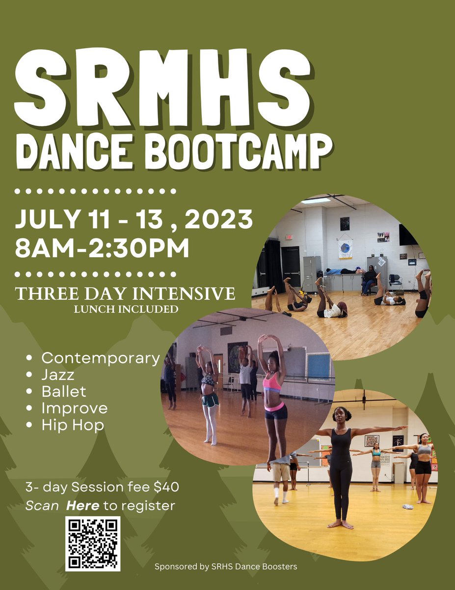 srmhsdance's tweet photo. SOUTHEAST RALEIGH MAGNET HS DANCE BOOTCAMP 
July 11-13, 8am-2pm 
Scan QRcode below for more info! https://t.co/AebMCg0Oyc
