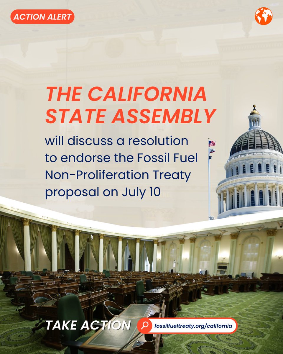Good News: The California Senate endorsed the #FossilFuelTreaty proposal in May. 🕙 Now, the resolution heads to the Assembly, starting with a Hearing on 7/10. ➡️ Help get it over the line. See how you can support here 💥 fossilfueltreaty.org/california #BreakFreeFromPlastic