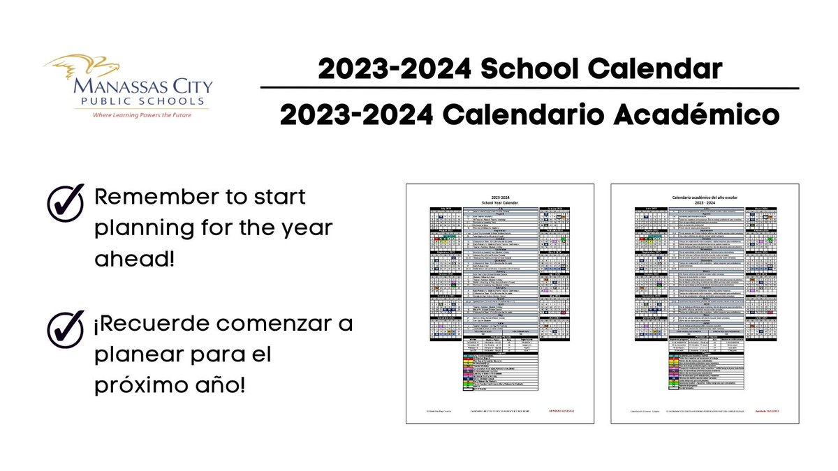 ManassasCitySchools (@mymcpsva) on Twitter photo REMINDER: The Academic Calendar for the 2023-2024 school year is available!
Check them out below for the upcoming holidays, early release days, teacher workdays and more. These calendars are also available on our website, mcpsva.org. REMINDER: The Academic Calendar for the 2023-2024 school year is available!
Check them out below for the upcoming holidays, early release days, teacher workdays and more. These calendars are also available on our website, mcpsva.org.