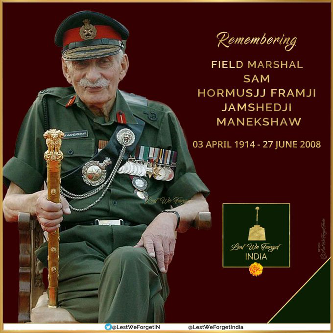 Goodnight 
Remembering one of India's finest Military Commanders

🇮🇳 The Legend of Field Marshal 'Sam Bahadur' Manekshaw, #PadmaVibhushan, #MC.  

Our respectful tributes to the gallant #IndianBrave on his 15th death anniversary today 27 June 2023🏵️