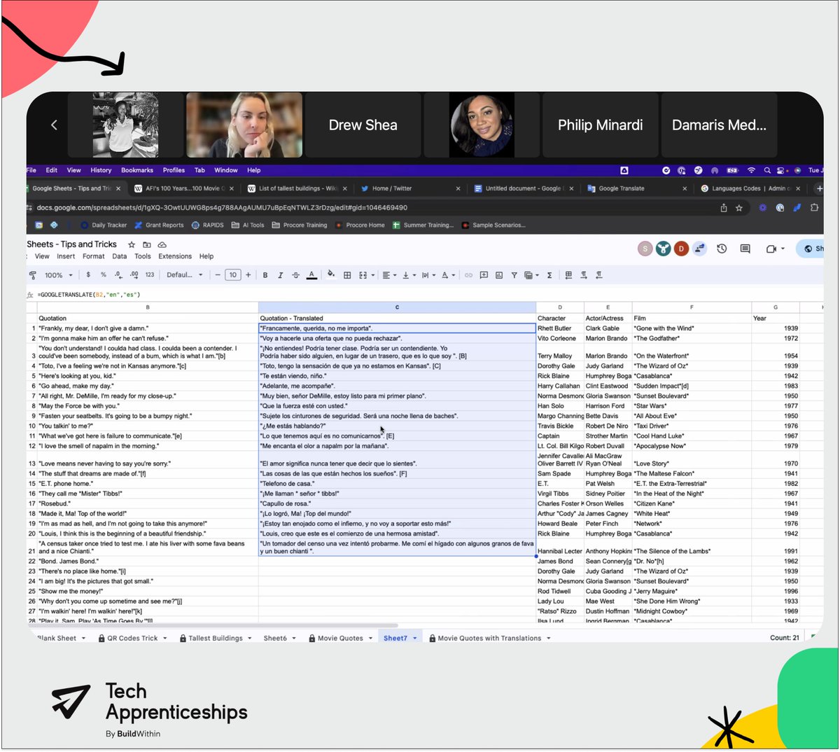 ApprenticesTech's tweet image. 👨‍💼Another interesting #BuildWithinLunchAndLearn session with Blake Wood, Director of Partnerships! 
This Tuesday&apos;s topic explored how to leverage @GoogleSheets to increase productivity and streamline workflows.💻
 Thanks for sharing your expertise, @BWoodDC! 
  #ProductivityHacks