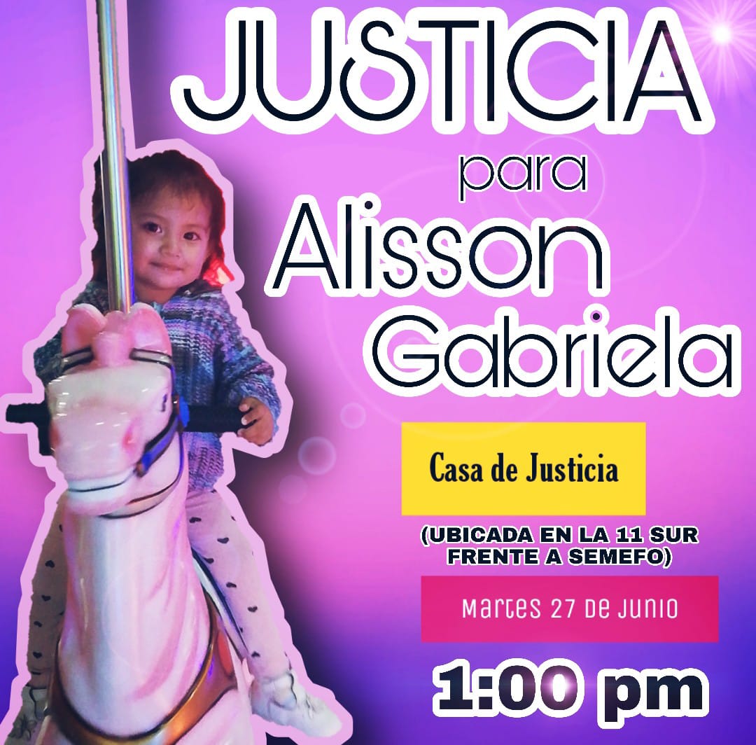 📢🥁ALERTAAAAA, ALERTAAAAA🥁

Pedimos a la ciudadanía una vez más el acuerpamiento para la 2da audiencia que será llevada acabo el :

📅 27 de Junio de 2023

📍Casa de Justicia de la 11 sur (frente a SEMEFO)

🕘 1:00 PM 

¡JUSTICIA PARA ALISSON GABRIELA! 🤍🕊️
#JusticiaParaAlisson