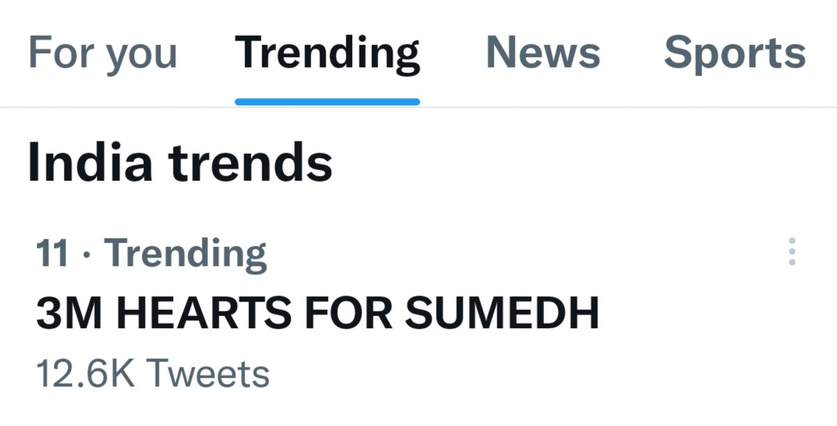 Healer_Sumedh's tweet photo. It's on no.11 with 12.6 K tweets 

3M HEARTS FOR SUMEDH https://t.co/R9VVWpVRAn
