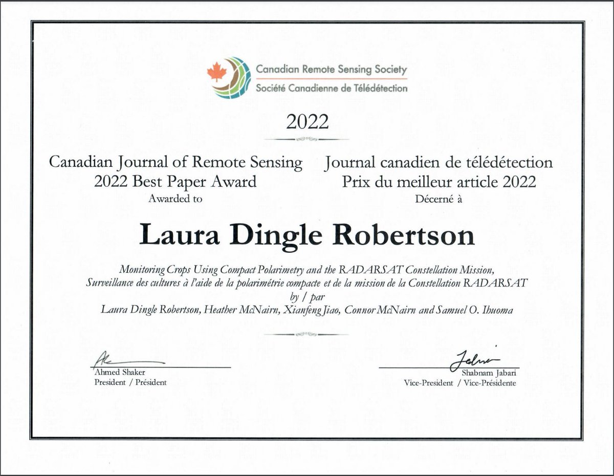 🥳Our paper 'Monitoring Crops Using Compact Polarimetry and the RADARSAT Constellation Mission' was given the 2022 Best Paper Award at the recent #CSRS2023! Sad I couldn't make it in person, but @heathermcnairn was there to accept for us!  #SAR #WomeninSAR tandfonline.com/doi/full/10.10…