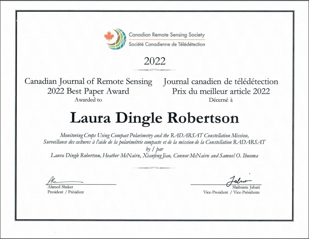 Dr. Laura Dingle Robertson (@ldr1) on Twitter photo 🥳Our paper "Monitoring Crops Using Compact Polarimetry and the RADARSAT Constellation Mission" was given the 2022 Best Paper Award at the recent #CSRS2023! Sad I couldn't make it in person, but <a href="/heathermcnairn/">heathermcnairn</a> was there to accept for us! #SAR #WomeninSAR tandfonline.com/doi/full/10.10… 🥳Our paper "Monitoring Crops Using Compact Polarimetry and the RADARSAT Constellation Mission" was given the 2022 Best Paper Award at the recent #CSRS2023! Sad I couldn't make it in person, but <a href="/heathermcnairn/">heathermcnairn</a> was there to accept for us! #SAR #WomeninSAR tandfonline.com/doi/full/10.10…