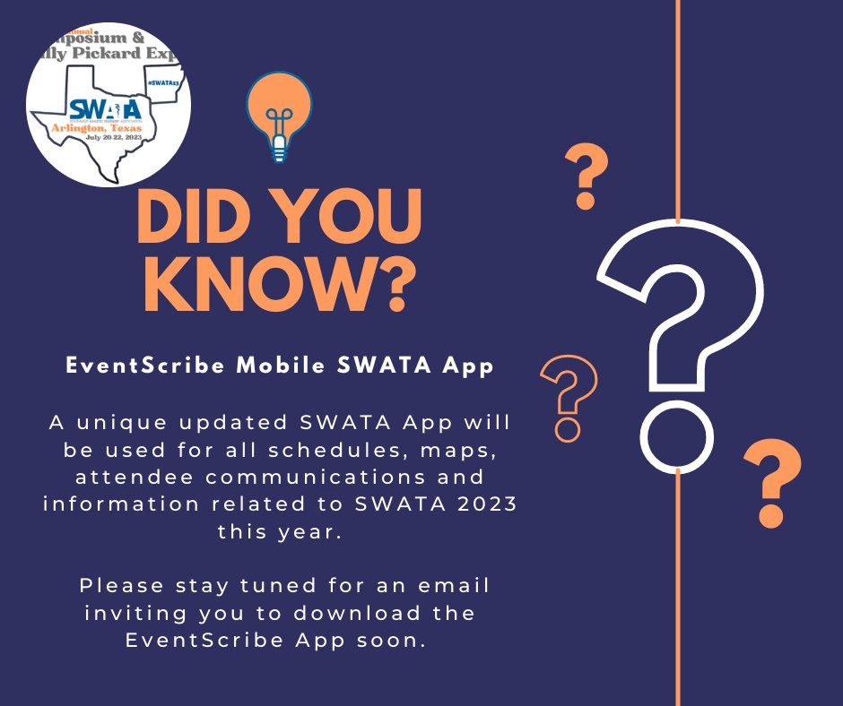 Everything you need to know about #SWATA23 in one place on the EventScribe Mobile SWATA App! Only 4 days remain to take advantage of the early bird pricing! swata.org/event/ Deadline is July 1st at 11:59PM!