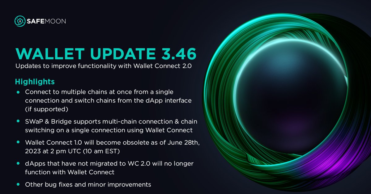 #SAFEMOONWALLET Update 3.46

🚨 If you currently take advantage of 3rd party dApps through Wallet Connect or might be interested in doing so in the future, please be aware of the following to ensure a seamless experience by updating before the deadline!🚨

🔵 Effective June 28th,