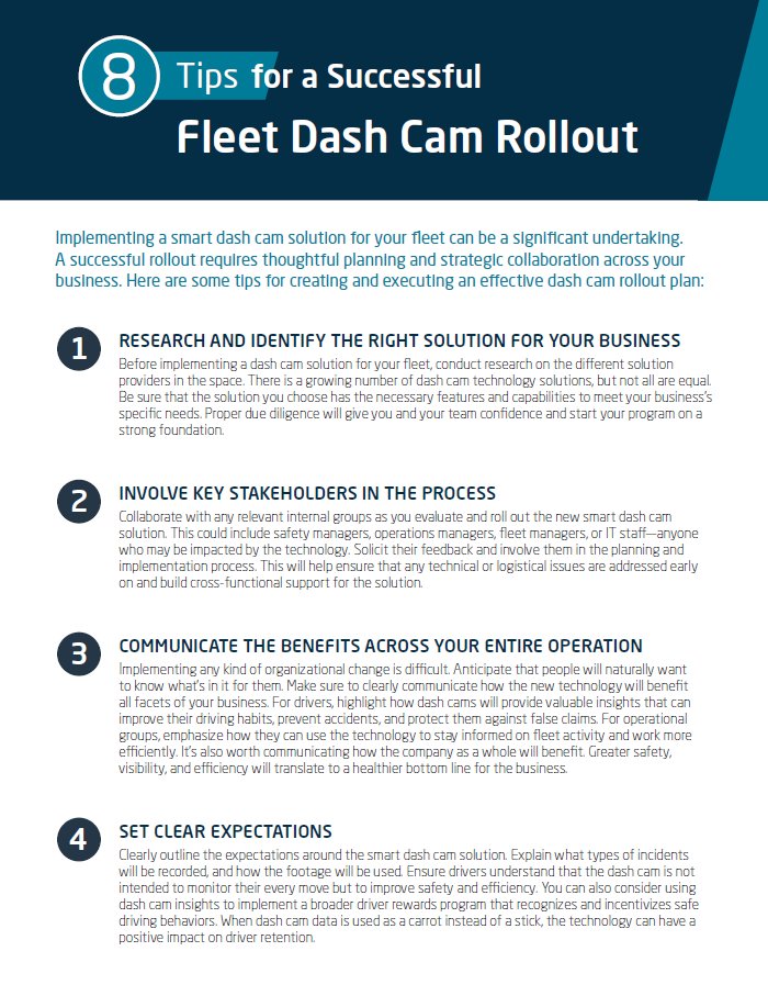 Rolling out a new fleet dash cam solution is easier than you think.

Discover eight tips for a successful dash cam rollout in our new tip sheet: calamp.com/resource/dash-…

#fleetsafety #videotelematics