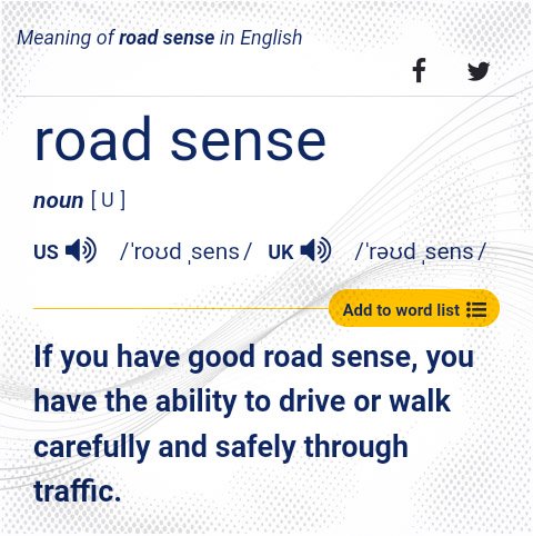 💡 If you have good #RoadSense, you have the ability to #drive or #walk carefully and safely through traffic.

—Cambridge Dictionary.