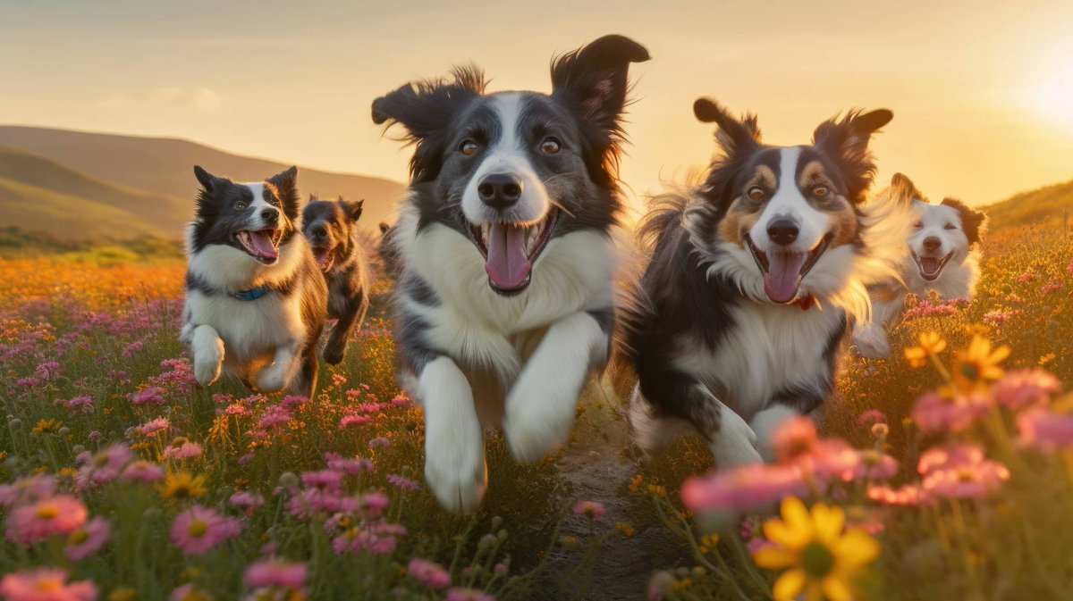A playful pack of energetic Border Collies sprinting through a sprawling field of wildflowers, their fur catching the warm golden light of a summer afternoon
 #Outdoor #Dogbreed #Pet #Grass #Animal #Dog #Mammal #Flower #White #Field #Collie #Australianshepherd
 Download...
