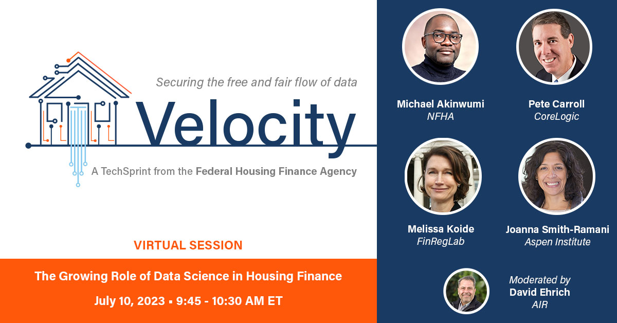 Register now for “The Growing Role of Data Science in Housing Finance” featuring @datawumi @natfairhouse @CoreLogicInc @melissakoide @FinRegLab @AspenFSP and @AIRinnovate at the @FHFA Velocity TechSprint.

Join virtually →  ow.ly/G2KV50OXwWz

#FHFAtechsprint