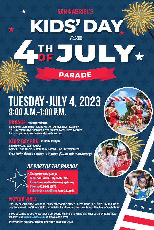 🇺🇸 Get ready for our Kids' Day and 4th of July Parade from 9am to 1pm on Tuesday, July 4. 🍉Kids’ Day will feature a watermelon eating contest, a bubble show and free swim! 🥽

☀️For more event info, visit sangabrielcity.com/1406/Kids-Day-….