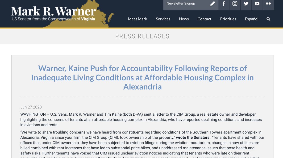 AfricansUS's tweet photo. BREAKING: Senators @MarkWarner &amp; @TimKaine send letter to #CIMGroup expressing concern about the conditions at #SouthernTowers. Thank you both for your leadership in advocating for the rights of tenants! 

Read the Senators' letter to #CIMGroup here: https://t.co/lvY0oYIDqb https://t.co/ZW8d3JH1VV