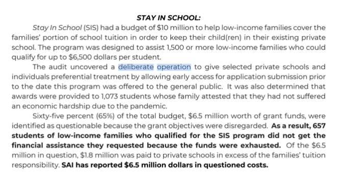 DGoforth918's tweet photo. Money quote 

The state deliberately gave preferential treatment to private school families, who were allowed to get up to $6500 (as opposed to $1500 for public school families,) and allowed to get in the program before it had even begun. https://t.co/oaNqZmjRd4