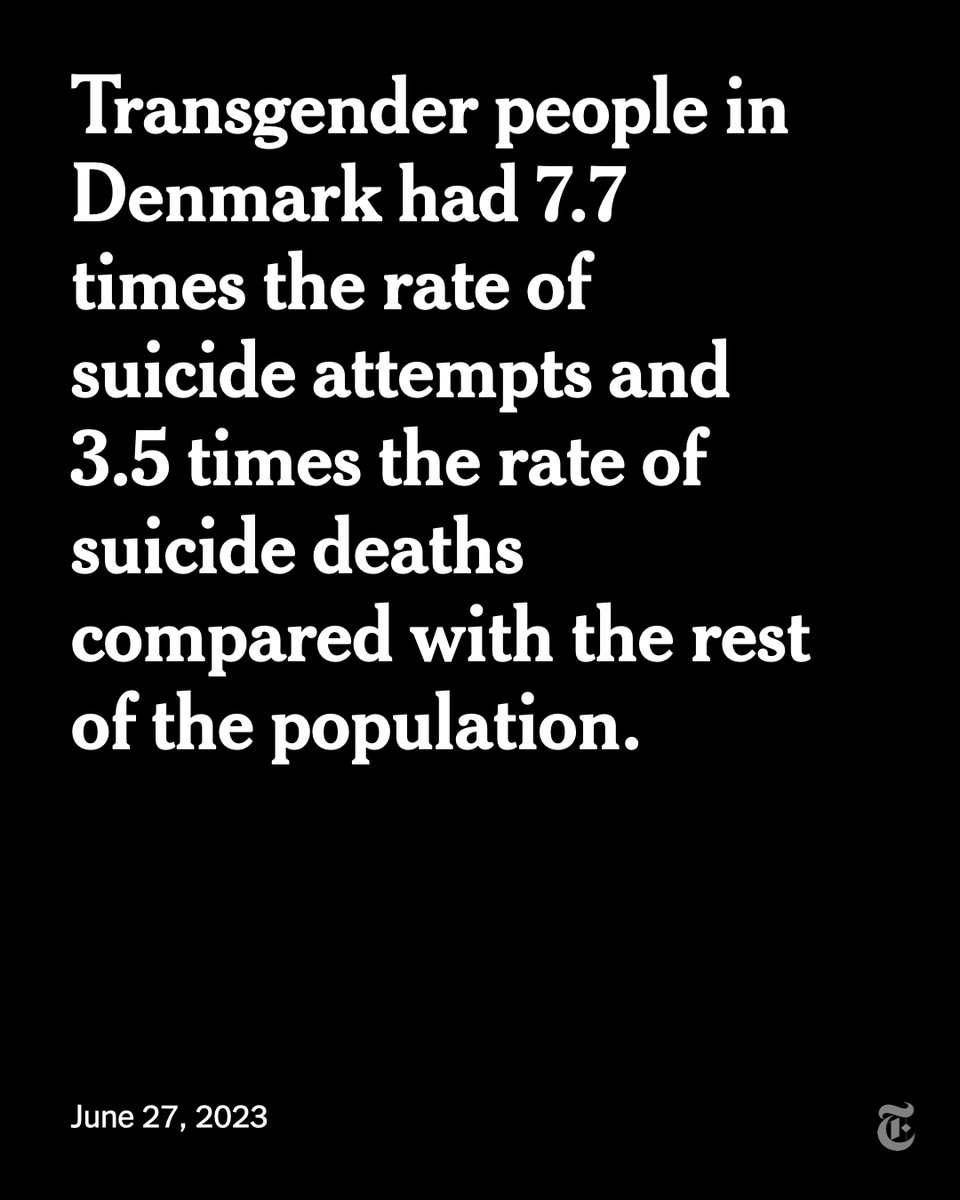 Transgender people in Denmark have a significantly higher risk of suicide than other groups, an analysis of nearly seven million people over the last four decades found. The study is the first in the world to analyze national suicide data for this group. nyti.ms/3JyX0Y4