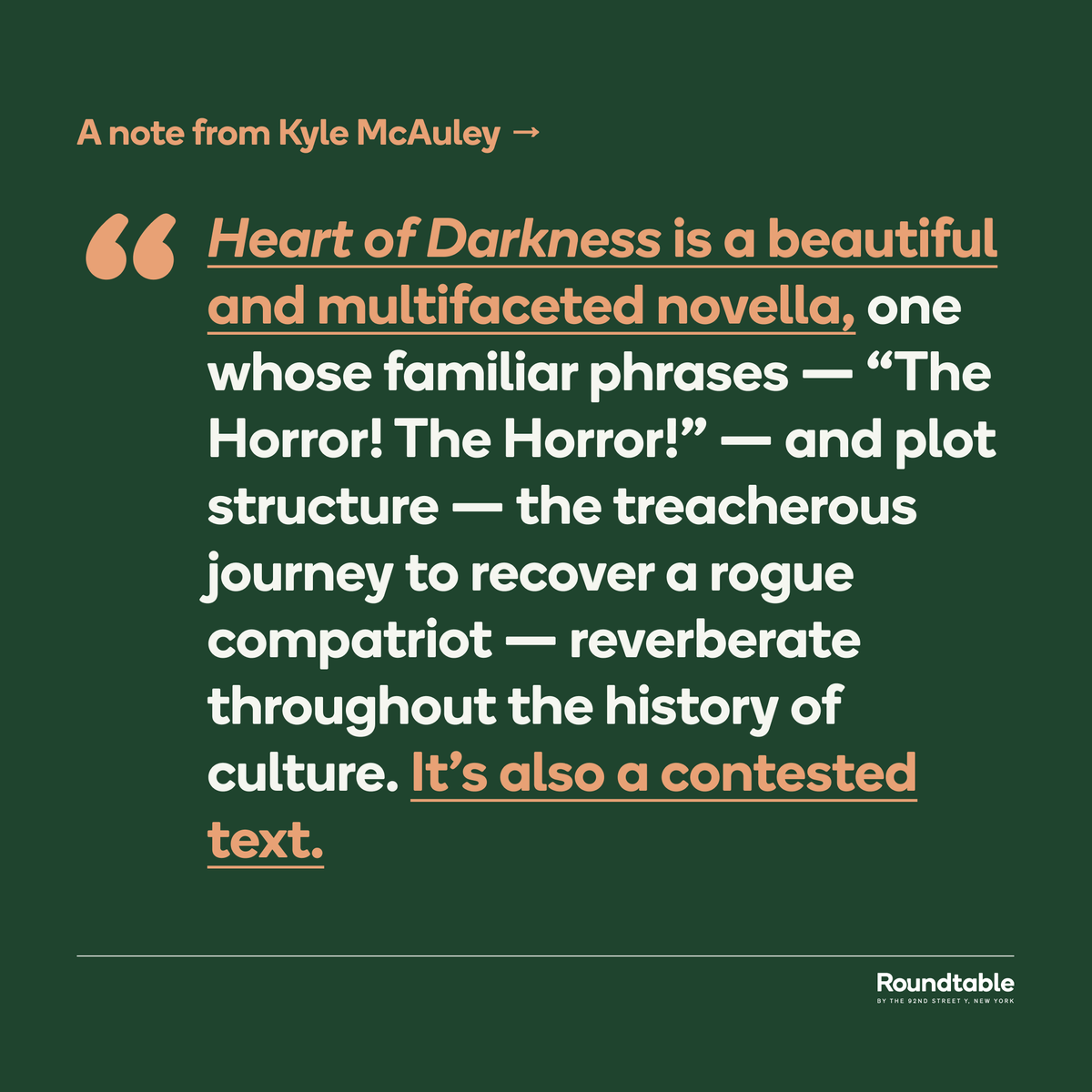 Roundtable_92NY's tweet photo. A note on Joseph Conrad's "Heart of Darkness" from writer, scholar, and Roundtable instructor Kyle McAuley 📚 

Join us in our upcoming course navigating the iconic novella and history of critical and artistic responses: https://t.co/y1HbIMDnAA https://t.co/hbZ35gJygt