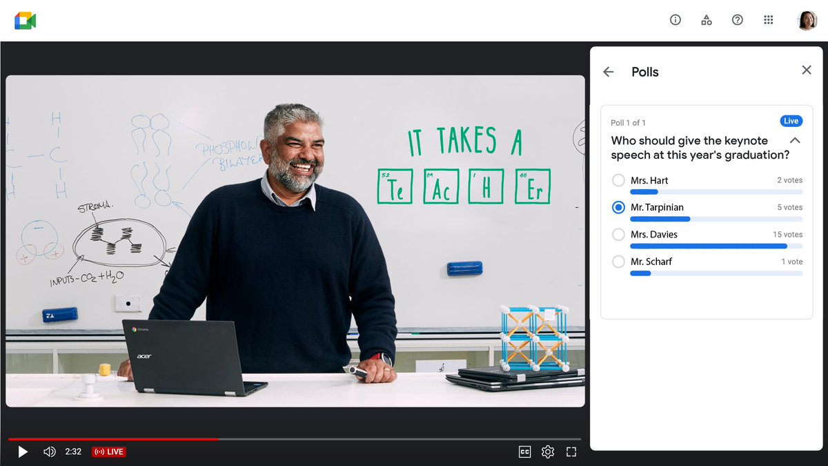 GoogleForEdu's tweet image. Solicit feedback and keep larger audiences engaged during #GoogleMeet livestreams with Q&As and polls—coming soon in #GoogleWorkspaceEdu Plus and the Teaching & Learning Upgrade. Learn about all the updates coming soon to your #GoogleEdu tools: goo.gle/3NpuYzf #ISTELive