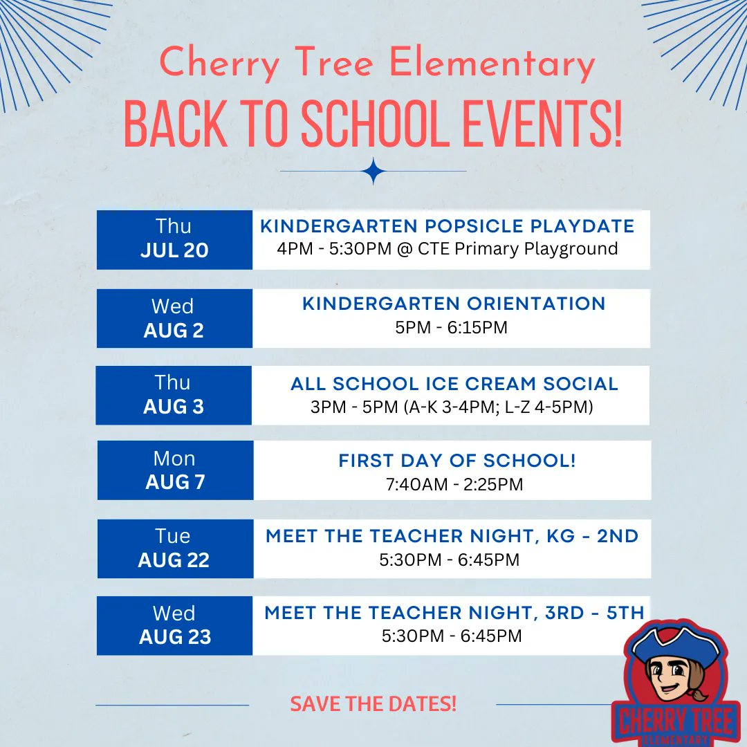 Mark your calendars, Cherry Tree! We have several back to school events coming soon, and we hope you'll join us! 

For more information, visit: buff.ly/3psog3t