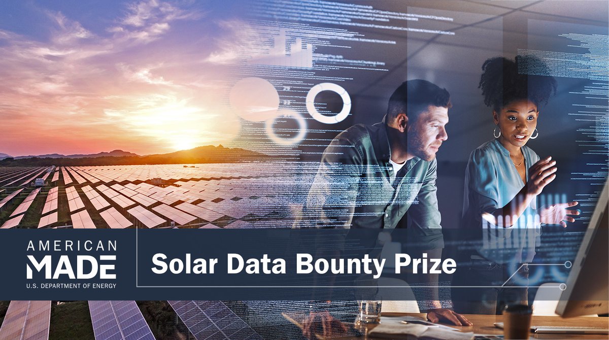 DOECMEI's tweet photo. ☀️Solar PV system owners! @Energy announced the American-made Solar Data Bounty Prize. The $1.4M prize competition is to increase the accessibility of high-quality time-series datasets for photovoltaic systems. Applications for Stage 1 are due 8/14: https://t.co/0FxxfrD1l8 https://t.co/cF5mCB7V4V