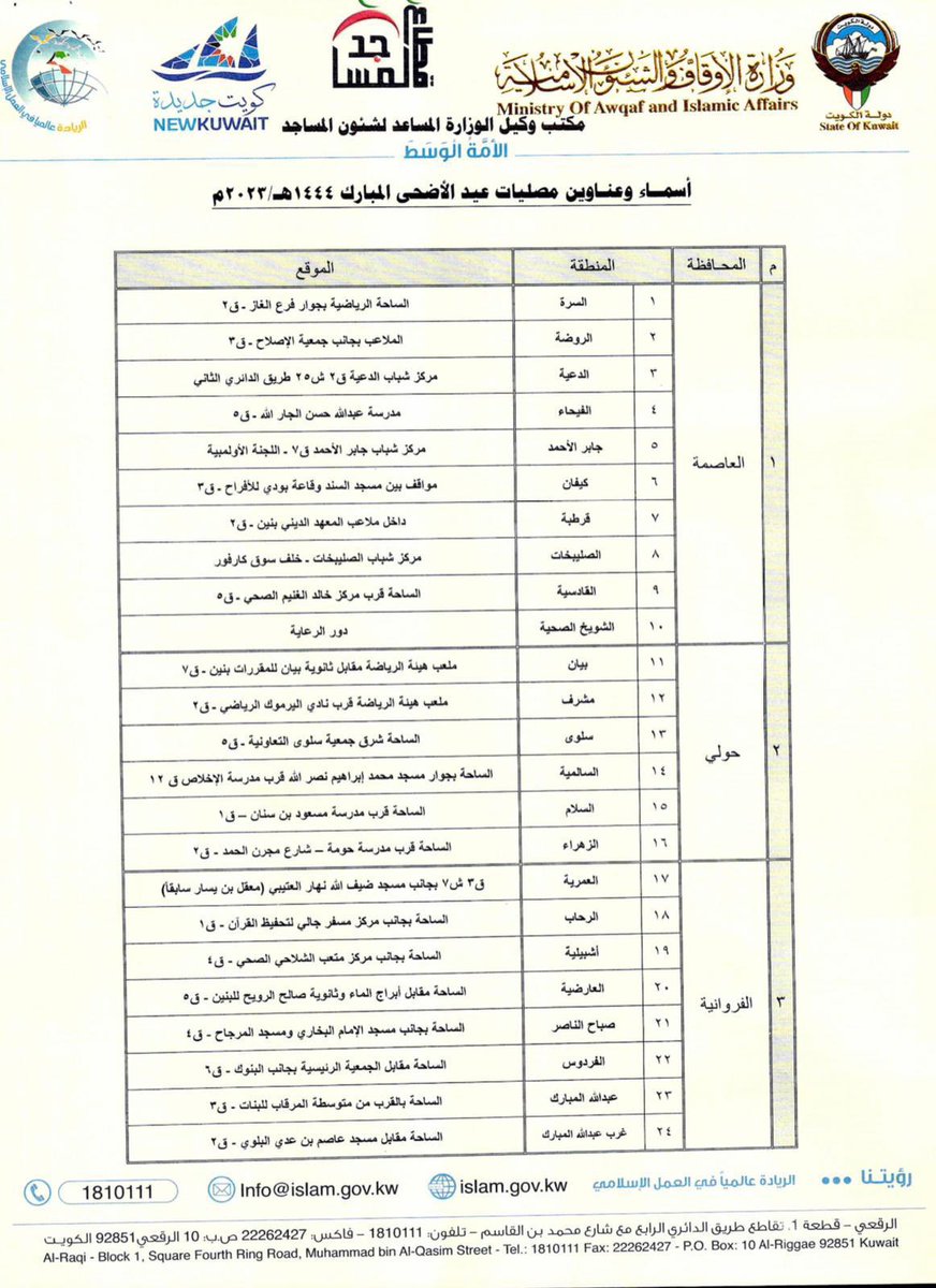 وزارة الأوقاف | صلاة عيد الأضحى الساعة 5:06 صباحاً في 46 مصلى بالإضافة إلى المساجد 

#الكويت #صلاة_العيد