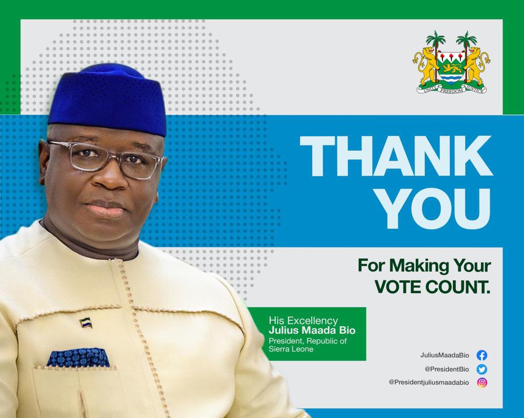 julius_maadabio's tweet image. Dear Fellow Sierra Leoneans,

I am extremely humbled and immensely thankful for your overwhelming vote of confidence, as demonstrated by my victory and that of the SLPP in the just concluded Multi-Tier Elections.

This victory is for Sierra Leone, as we have once again