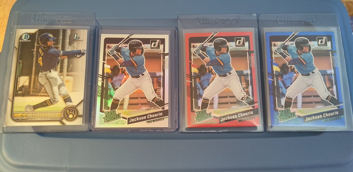 Thomas_Buckner's tweet image. #JacksonChourio LOT of 4! 1st Bowman Chrome! '23 Donruss Rated Prospect /290 Silver, /2023 Red, &amp;amp; Blue Foil. $55 shipped! @CardboardEchoes #Brewers #BrewCrew #Milwaukee