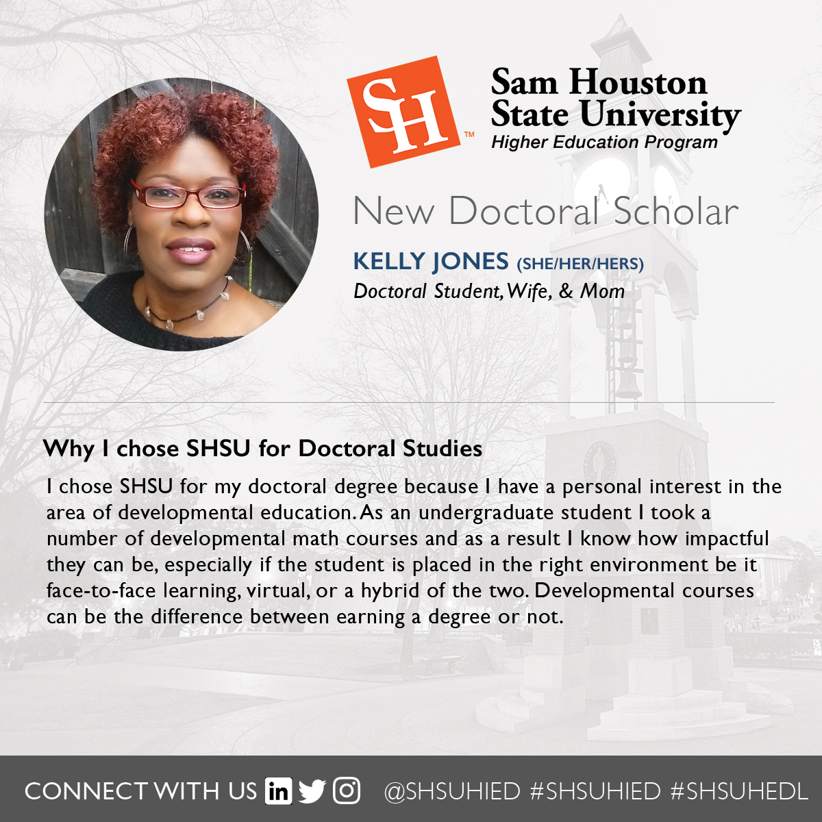 Meet Kelly Jones, a new #SHSUHEDL doctoral scholar. Welcome to the Bearkat Nation, Kelly! #SHSUCOE #SHSU #sadoc #sapro #sachat @SHSUCOE @SHSUGradSchool