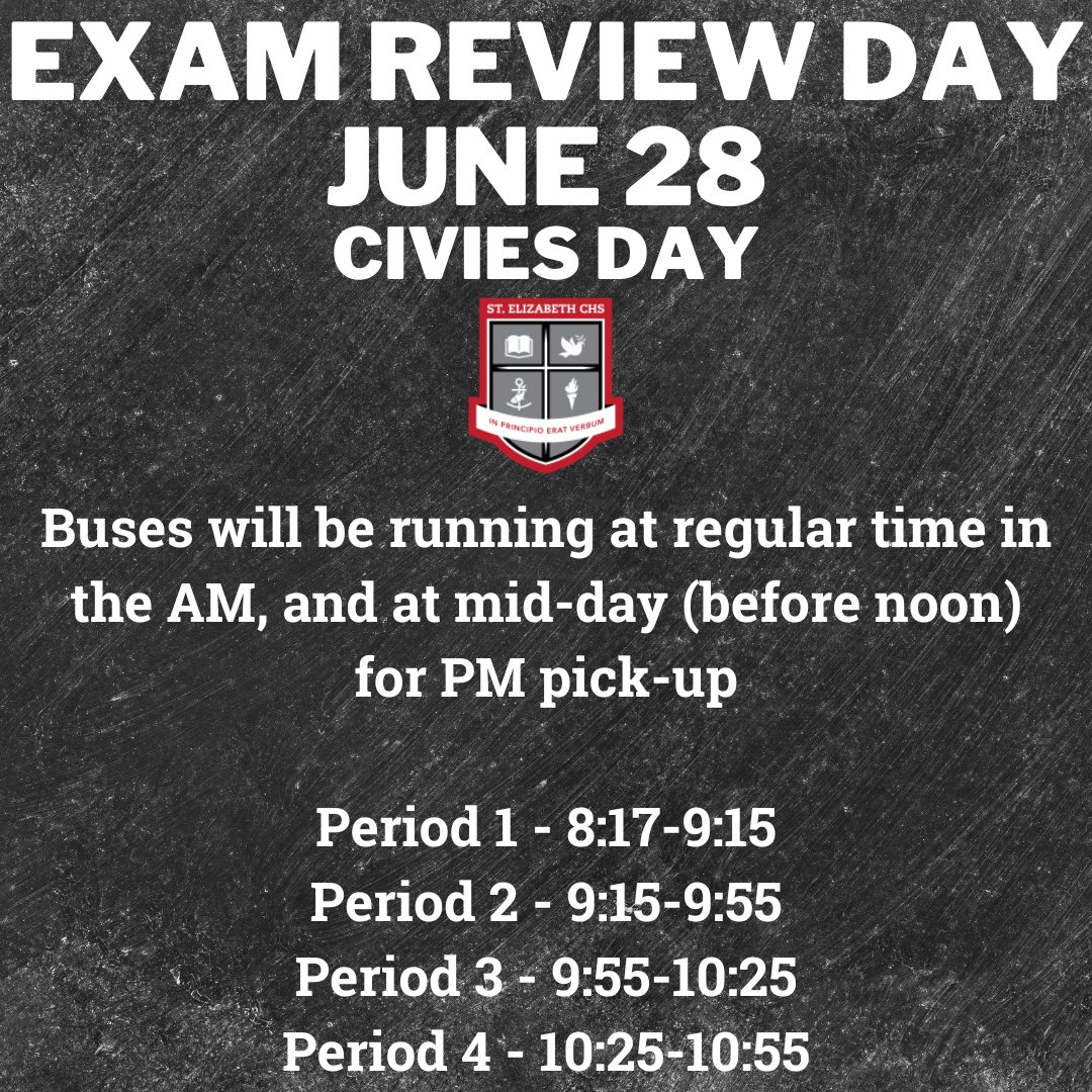 Please note the bus and period-by-period schedule for exam review on Wednesday, June 28. Busses will run after period 4 (11am/noon). Students do not have to wear their uniform.