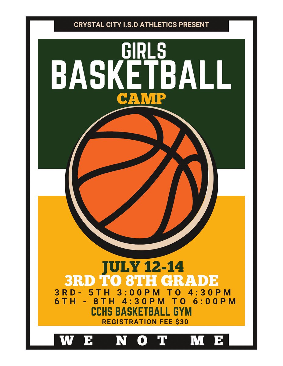 CCLadyJavBkb's tweet photo. 🚨Girls Basketball Camp!!🚨
Registration will be July 10th-11th from 2:30-5:30 at the HS Gym. Cash Only! Come and bring your kids out to learn and polish up their fundamentals! The camp will be run by the CCISD girls basketball staff. #WinTheDay
#WeNotMe https://t.co/m2RukoW3Oe