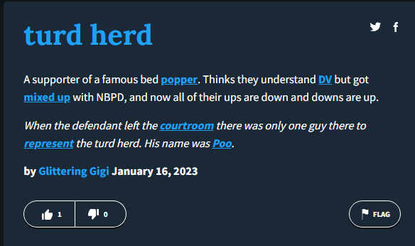 turd-herd.urbanup.com/17630421 
Can we show this UD definition some love? 👍
#JohnnyDepp #JohnnyDeppKeepsWinning #AmberHeardIsALiar #TurdHerd